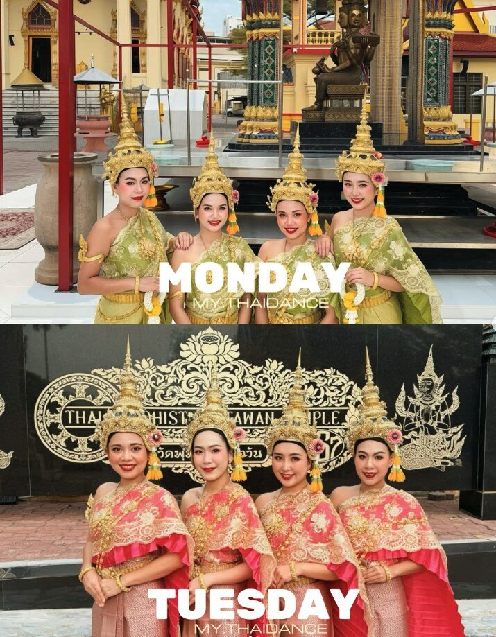 Two groups of four MY.Thaidance dancers in traditional Thai costumes and gold headdresses: green silk for Monday at a shrine, and pink silk for Tuesday at a temple