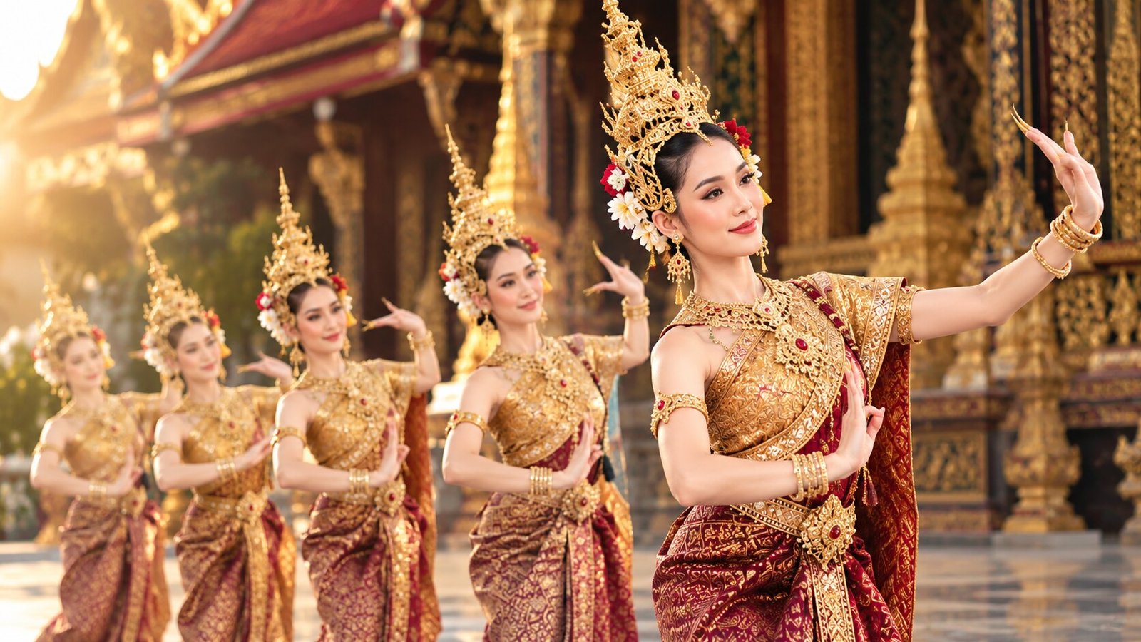 Thai classical dancer in a gold and cream traditional costume and headpiece, performing in front of Thai temple architecture in warm golden light
